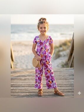 Gigi and Max Bamboo Girls Pink Floral Short-Sleeve Wideleg Romper 6/7